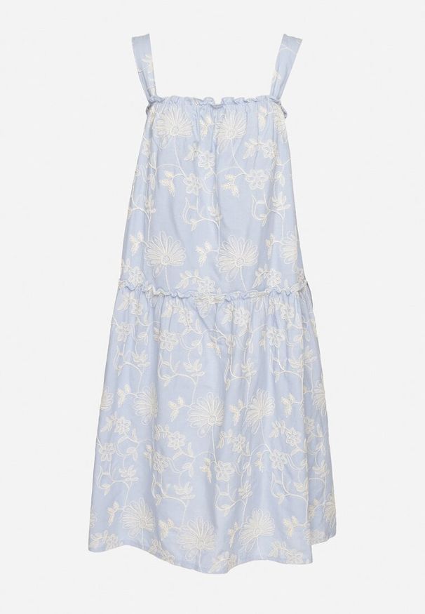 Born2be - Niebieska Bawełniana Sukienka w Kwiaty Ozdobiona Marszczeniem Lilinoa. Okazja: na spacer, na co dzień. Kolor: niebieski. Materiał: bawełna. Długość rękawa: na ramiączkach. Wzór: aplikacja, kwiaty. Sezon: lato. Typ sukienki: proste. Styl: casual, elegancki