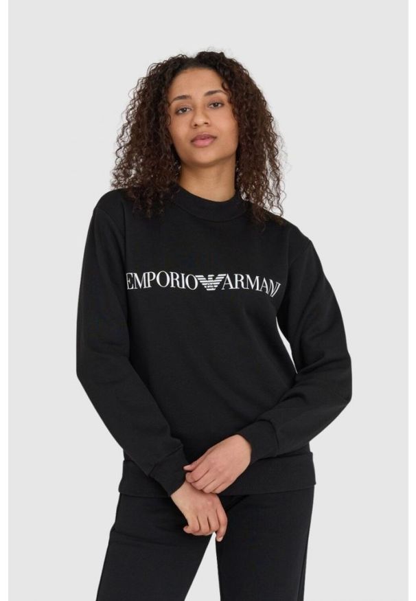 Emporio Armani - EMPORIO ARMANI Czarne dresy damskie z białymi logotypami. Kolor: czarny. Materiał: bawełna