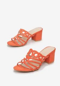 Renee - Pomarańczowe Klapki Doriella. Nosek buta: otwarty. Kolor: pomarańczowy. Wzór: ażurowy. Obcas: na słupku #2