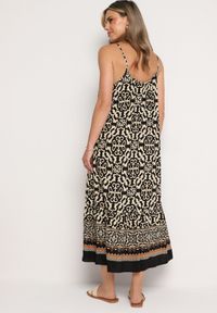 Born2be - Czarno-Beżowa Bawełniana Sukienka o Rozkloszowanym Kroju na Cienkich Ramiączkach Nellarra. Kolor: czarny. Materiał: bawełna. Długość rękawa: na ramiączkach. Sezon: lato. Styl: elegancki #3