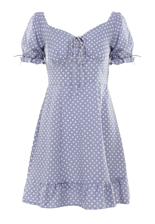 Born2be - Niebieska Sukienka Abin. Kolor: niebieski. Wzór: aplikacja, kropki. Styl: vintage. Długość: mini