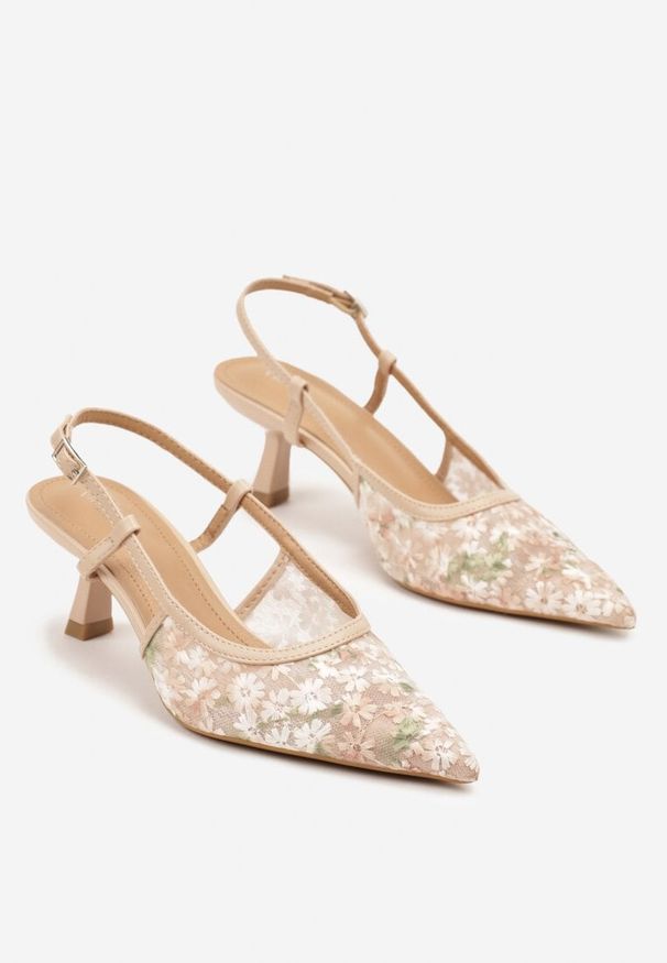 Renee - Ciemnobeżowe Sandały Vices na Kaczuszce Slingback z Koronkową Cholewką Kovimizza. Okazja: na imprezę. Zapięcie: sprzączka. Kolor: beżowy. Materiał: koronka. Sezon: lato. Obcas: na szpilce. Styl: elegancki