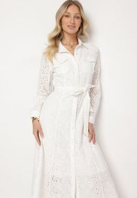Born2be - Biała Bawełniana Sukienka z Ażurowym Wzorem i Paskiem Noviellea. Okazja: na co dzień. Kolor: biały. Materiał: bawełna. Wzór: ażurowy. Styl: casual, elegancki, klasyczny #2