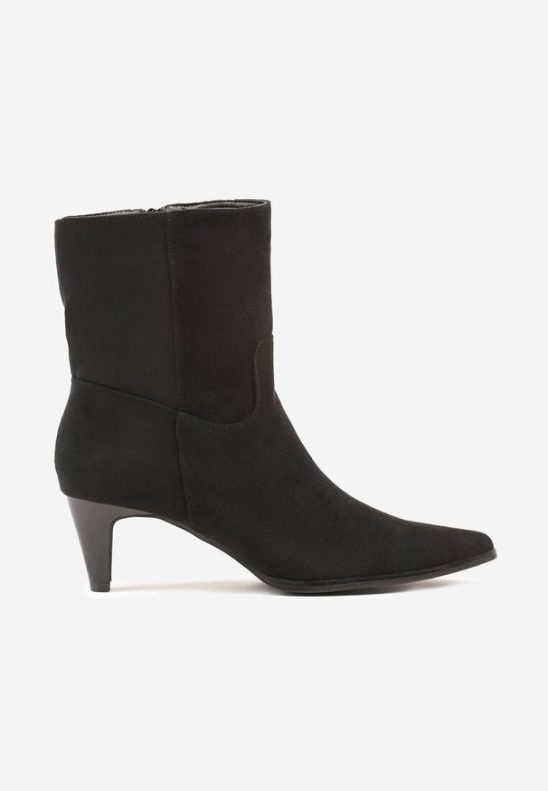 Renee - Czarne Botki na Stożku z Imitacji Zamszu Avinella. Okazja: na co dzień. Kolor: czarny. Materiał: zamsz. Obcas: na stożku. Styl: casual. Wysokość obcasa: średni