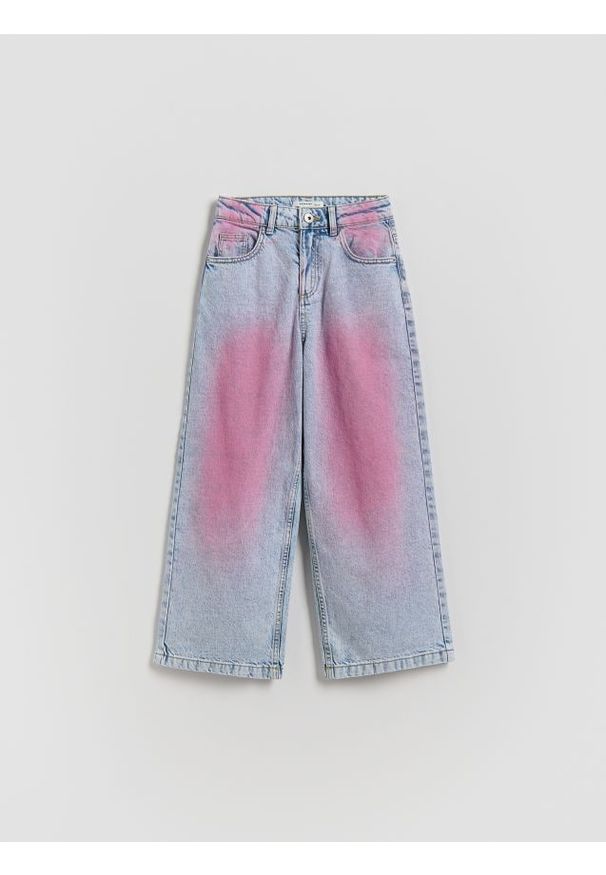 Reserved - Jeansy wide leg z opraniem - niebieski. Kolor: niebieski