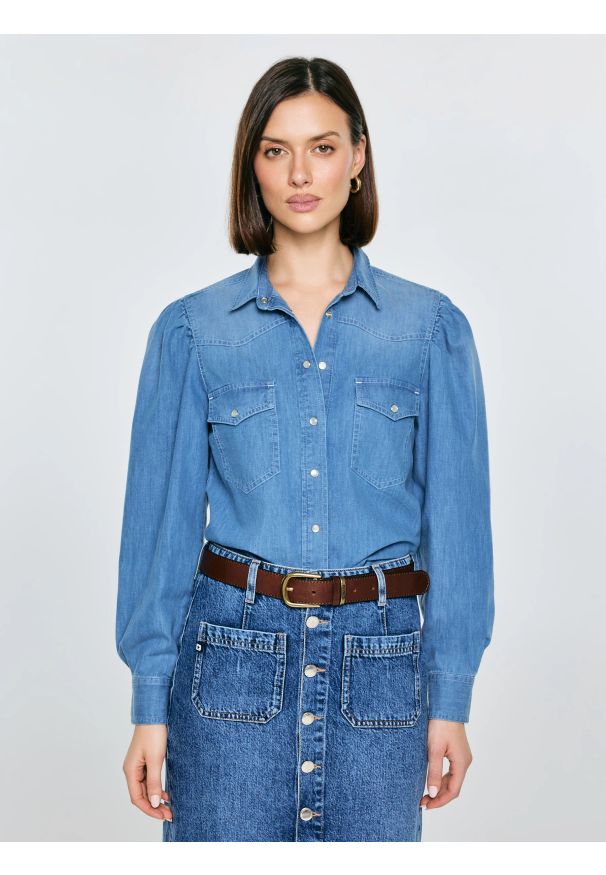 Big-Star - Koszula damska jeansowa z bufkami niebieska Indiana 164. Kolor: niebieski. Materiał: jeans. Styl: retro