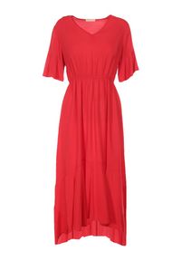 Born2be - Czerwona Sukienka Stamorus. Typ kołnierza: kołnierz z falbankami. Kolor: czerwony. Długość rękawa: krótki rękaw. Wzór: aplikacja. Styl: klasyczny. Długość: midi #2