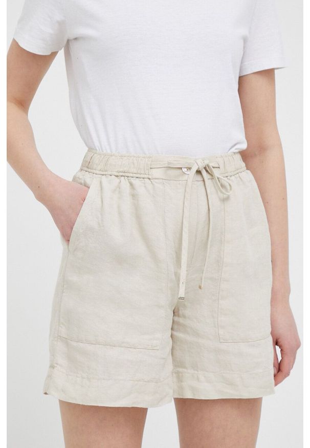 TOMMY HILFIGER - Tommy Hilfiger szorty lniane kolor beżowy gładkie high waist. Stan: podwyższony. Kolor: beżowy. Materiał: len. Wzór: gładki