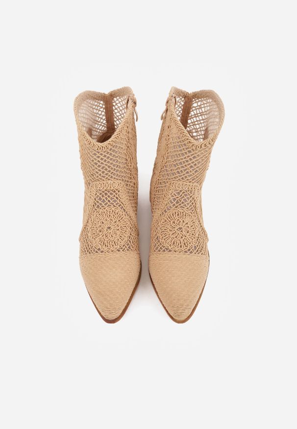 Born2be - Ciemnobeżowe Ażurowe Botki Kowbojki VICES na Niskim Obcasie Azimessa. Okazja: na co dzień, na spotkanie biznesowe, do pracy. Kolor: beżowy. Materiał: jeans. Wzór: ażurowy. Obcas: na obcasie. Styl: casual, biznesowy, elegancki. Wysokość obcasa: niski