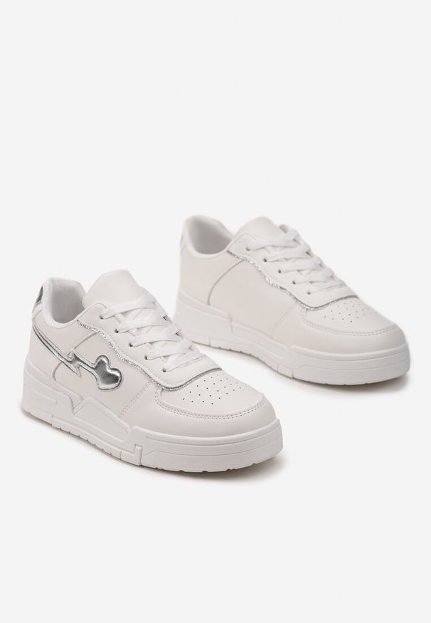 Renee - Białe Sznurowane Sneakersy na Grubej Podeszwie z Brokatowym Zdobieniem Anaieli. Kolor: biały. Szerokość cholewki: normalna. Wzór: aplikacja
