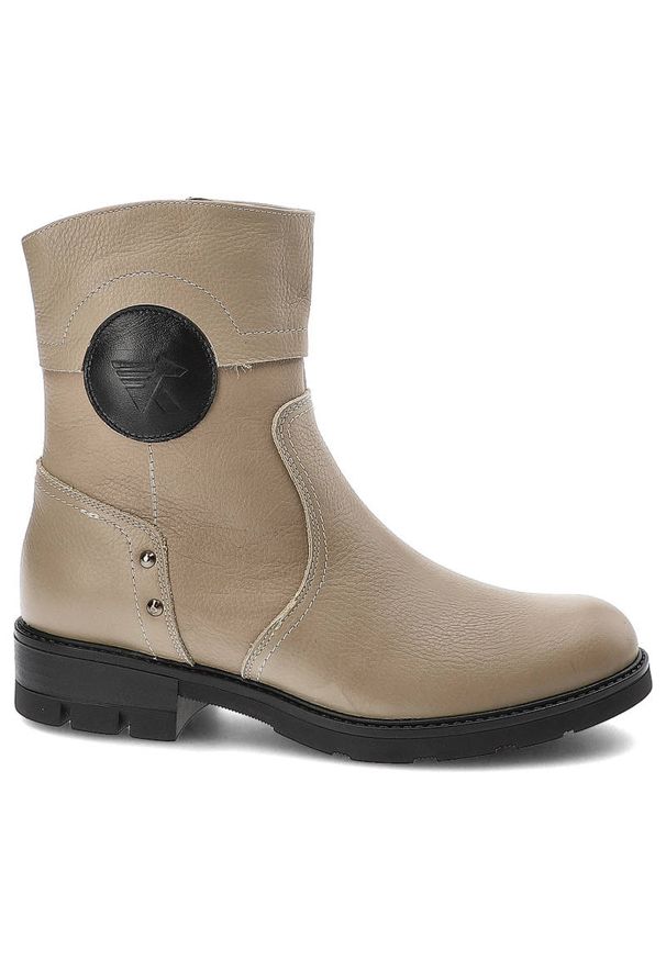 Beżowe Botki Karino Damskie Wygodne Obuwie. Kolor: beżowy. Materiał: futro, skóra, syntetyk. Sezon: zima. Obcas: na obcasie. Styl: elegancki. Wysokość obcasa: niski