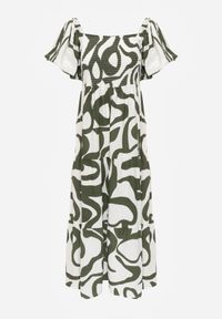 Born2be - Ciemnozielona Wiskozowa Sukienka z Bufiastymi Rękawami w Abstrakcyjny Wzór Tibee. Okazja: na co dzień. Kolor: zielony. Materiał: wiskoza. Wzór: nadruk. Typ sukienki: proste. Styl: elegancki, wakacyjny, casual #8