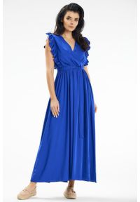 Awama - Długa sukienka rozkloszowana z kopertowym dekoltem niebieska. Kolor: niebieski. Sezon: lato. Typ sukienki: kopertowe. Długość: maxi