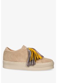 Casu - Beżowe trampki skórzane creepersy z frędzlami sznurowane produkt polski casu 2691-775. Kolor: beżowy. Materiał: skóra #1