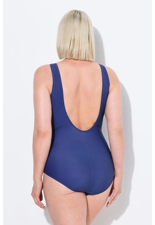 ULLA POPKEN - Damski Strój kąpielowy ozdobny węzełek miękkie miseczki biust z nadrukiem. Kolekcja: plus size. Kolor: niebieski. Materiał: elastan, poliamid, materiał. Wzór: nadruk