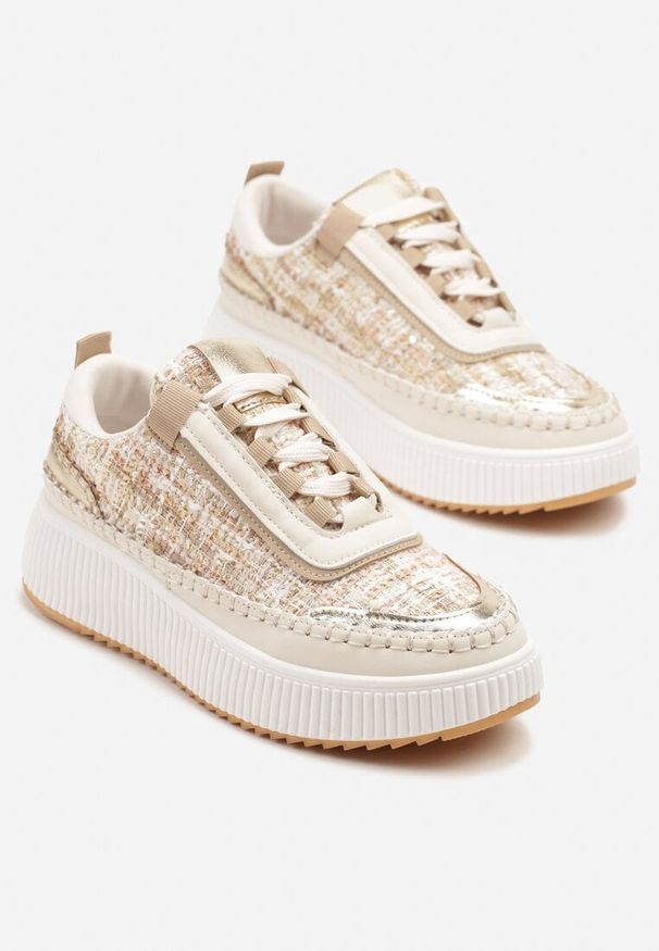 Born2be - Ciemnobeżowe Sneakersy na Grubej Podeszwie Zdobione Tweedem i Przeszyciami Ulamoriela. Okazja: na co dzień. Kolor: beżowy. Materiał: jeans. Wzór: aplikacja