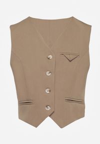Renee - Ciemnobeżowa Kamizelka w Stylu Garniturowym z Imitacją Kieszonek Odinen. Kolor: beżowy. Styl: elegancki #8