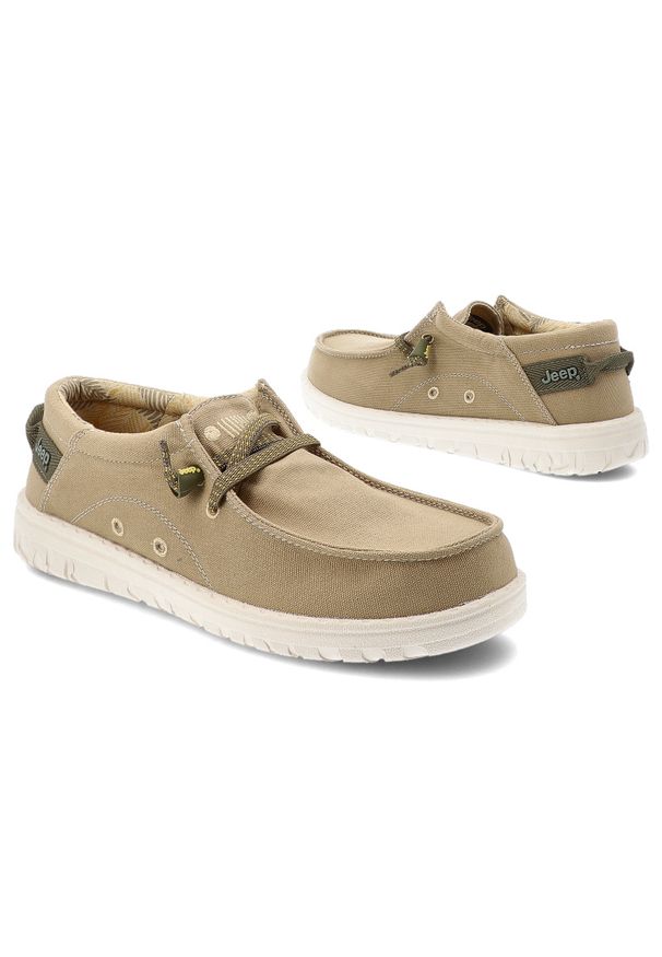 Beżowe Półbuty Jeep Eleganckie Obuwie Męskie. Okazja: na co dzień. Kolor: beżowy. Materiał: materiał. Szerokość cholewki: normalna. Styl: elegancki