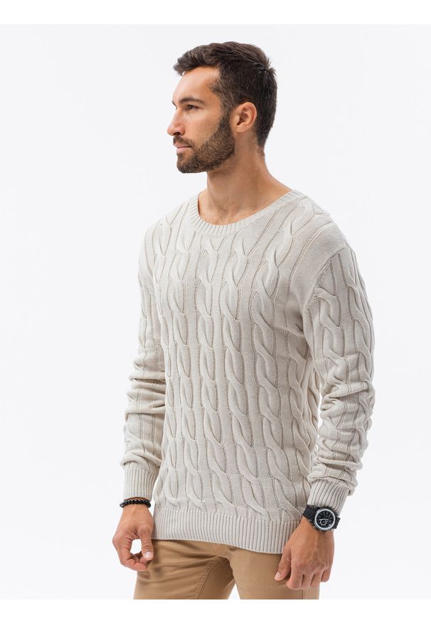 Ombre Clothing - Sweter męski z warkoczowym splotem E195 - biały - XXL. Okazja: na co dzień. Kolor: biały. Materiał: akryl, bawełna, jeans. Wzór: ze splotem. Styl: casual, elegancki, klasyczny