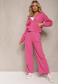 Renee - Fuksjowy Sztruksowy Komplet Dresowy Luźne Spodnie i Rozpinana Bluza z Kapturem Compia. Kolor: różowy. Materiał: sztruks, dresówka #4