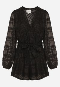 Born2be - Czarny Krótki Kombinezon z Siateczkowymi Rękawami i Wiązanym Paskiem Zenalea. Okazja: na randkę, na imprezę. Kolor: czarny. Długość: krótkie. Styl: elegancki #4