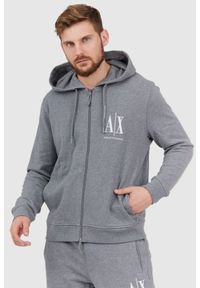 Armani Exchange - ARMANI EXCHANGE Szara bluza męska z kapturem na zamek, Rozmiar S. Typ kołnierza: kaptur. Kolor: szary