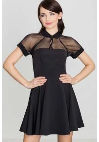 Katrus - Czarna Sukienka z Szyfonem z Krótkim Rękawem. Kolor: czarny. Materiał: szyfon. Długość rękawa: krótki rękaw