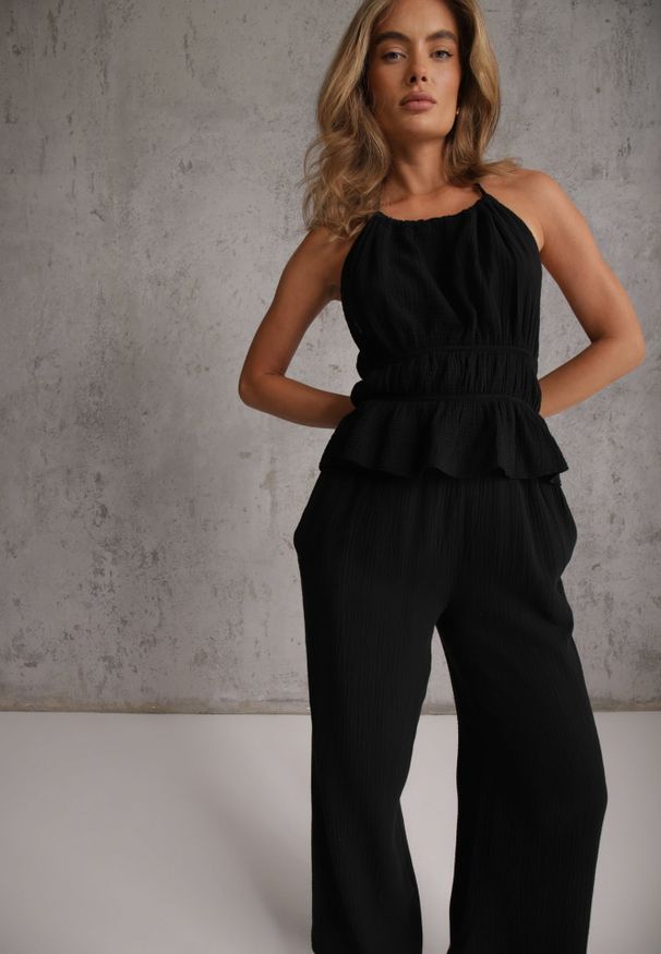 Renee - Czarny Letni Komplet z Bawełny Spodnie Wide Leg i Bluzka Halter z Wiązaniem Apomeda. Kolor: czarny. Materiał: bawełna