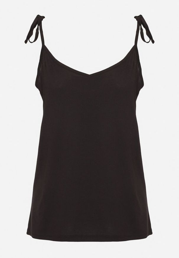 Born2be - Czarny Top z Modalem i Bawełną Ozdobiona Wiązaniem Lilacea. Okazja: na co dzień. Kolor: czarny. Materiał: bawełna. Wzór: aplikacja. Styl: elegancki, casual
