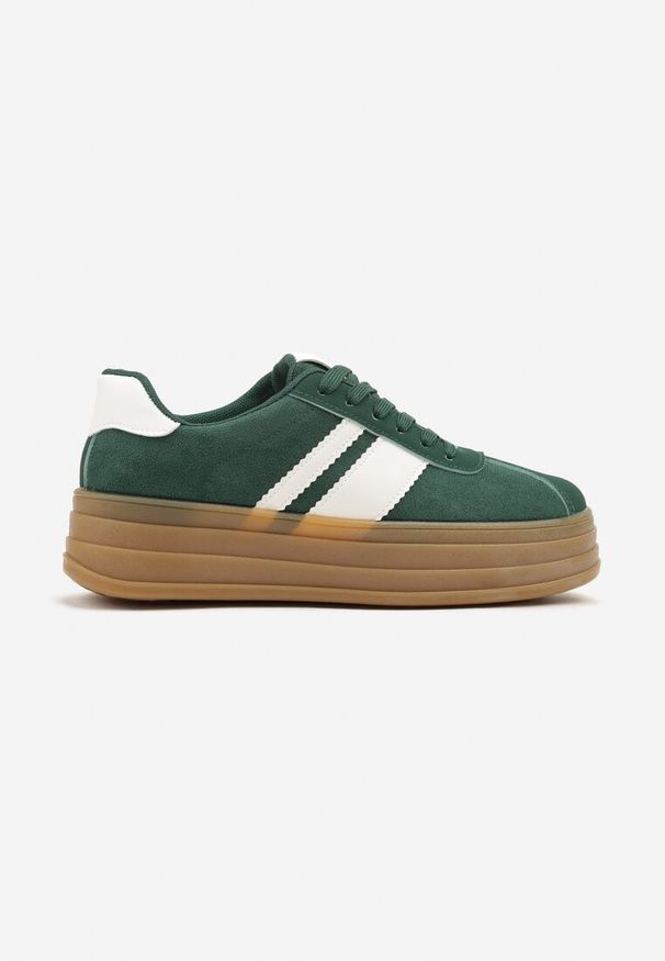 Renee - Zielone Sneakersy Kultowe Tenisówki z Ozdobnymi Paskami Vandell. Okazja: na co dzień. Zapięcie: pasek. Kolor: zielony. Materiał: jeans. Szerokość cholewki: normalna. Wzór: paski