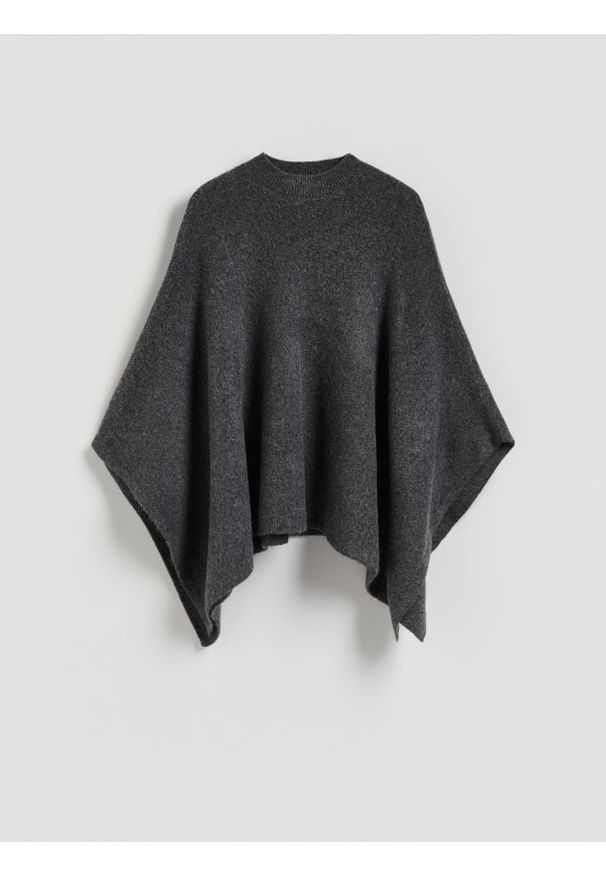 Reserved - Sweter ponczo z paskiem - ciemnoszary. Kolor: szary. Materiał: dzianina, wełna