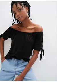 bonprix - Bluzka Carmen z ozdobnym wiązaniem. Typ kołnierza: typu carmen. Kolor: czarny #1