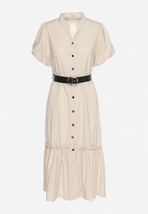 Born2be - Beżowa Koszulowa Sukienka z Krótkim Rękawem Zapinana na Guziki z Paskiem z Ekoskóry Xantantia. Typ kołnierza: dekolt w kształcie V. Kolor: beżowy. Długość rękawa: krótki rękaw. Wzór: aplikacja. Typ sukienki: koszulowe