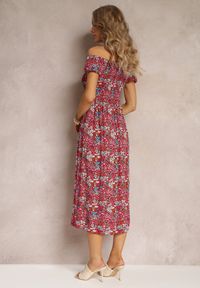 Renee - Czerwona Wiskozowa Sukienka Midi o Fasonie Hiszpanki w Kwiatowy Print Gerlia. Typ kołnierza: dekolt hiszpanka. Kolor: czerwony. Materiał: wiskoza. Wzór: kwiaty, nadruk. Długość: midi #5