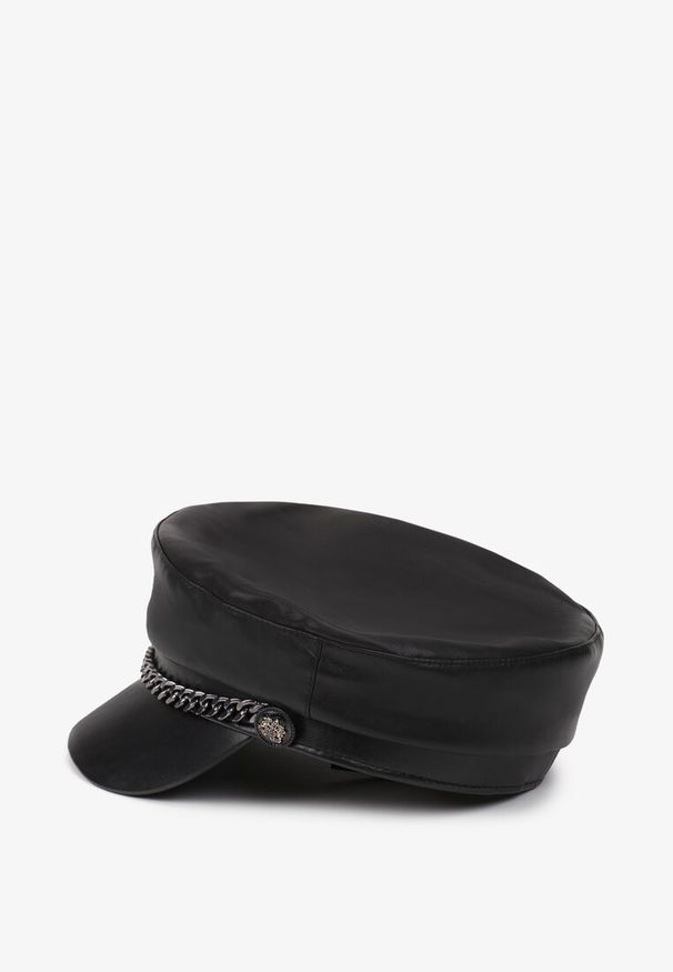 Born2be - Czarna Czapka Beret z Daszkiem z Ekoskóry z Metalowym Łańcuszkiem Crivite. Kolor: czarny. Wzór: aplikacja