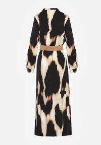 Renee - Beżowo-Czarna Koszulowa Sukienka w Panterkę Ozdobiona Paskiem Valentola. Okazja: na co dzień. Kolor: beżowy. Materiał: tkanina. Wzór: motyw zwierzęcy, aplikacja. Typ sukienki: koszulowe. Styl: casual, elegancki, klasyczny #7