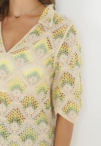 Born2be - Beżowo-Zielona Pudełkowa Sukienka Mini z Głębokim Dekoltem z Szydełkowej Bawełny Cristel. Kolor: beżowy. Materiał: bawełna. Styl: boho. Długość: mini #2