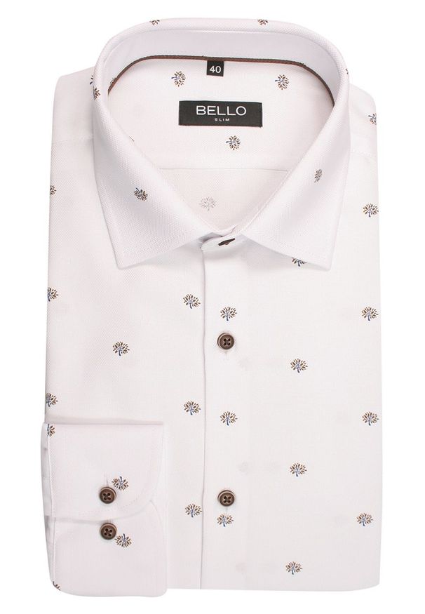 Bello - Koszula Wizytowa, Biała w Brązowy Wzór, z Długim Rękawem, Taliowana -BELLO- Elegancka, Męska. Okazja: do pracy, na spotkanie biznesowe. Kolor: wielokolorowy, beżowy, brązowy. Materiał: tkanina, bawełna. Długość rękawa: długi rękaw. Długość: długie. Styl: wizytowy, elegancki