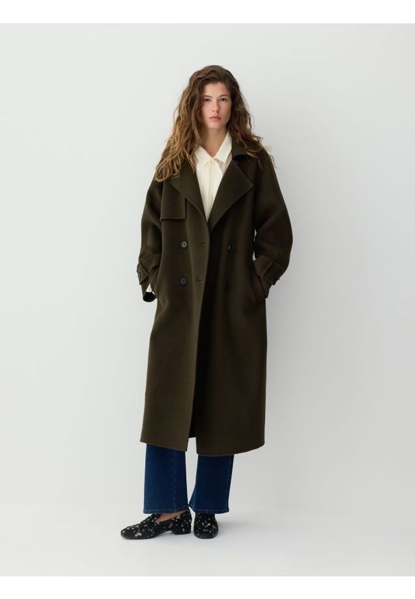 Reserved - Wełniany płaszcz handmade - ciemnozielony. Kolor: zielony. Materiał: wełna