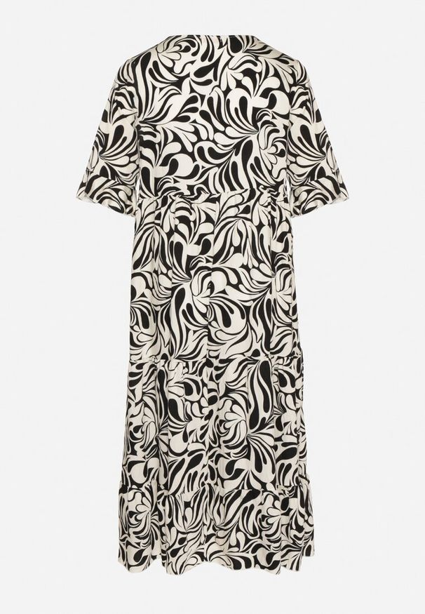 Born2be - Czarna Sukienka z Wiskozy o Prostym Kroju z Wiązaniem w Roślinny Wzór Edirania. Okazja: na co dzień. Typ kołnierza: dekolt w serek. Kolekcja: plus size. Kolor: czarny. Wzór: aplikacja. Typ sukienki: proste. Materiał: wiskoza. Długość rękawa: krótki rękaw. Styl: klasyczny, elegancki, casual
