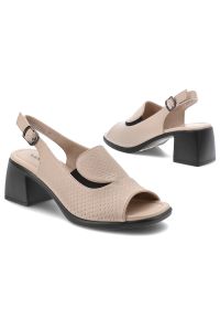 Sandały damskie Vinceza, cholewka ze skóry naturalnej licowej odkryty przód elegancki fason stabilny obcas, beżowe, 66920. Kolor: beżowy. Materiał: skóra. Obcas: na obcasie. Styl: elegancki. Wysokość obcasa: średni #2