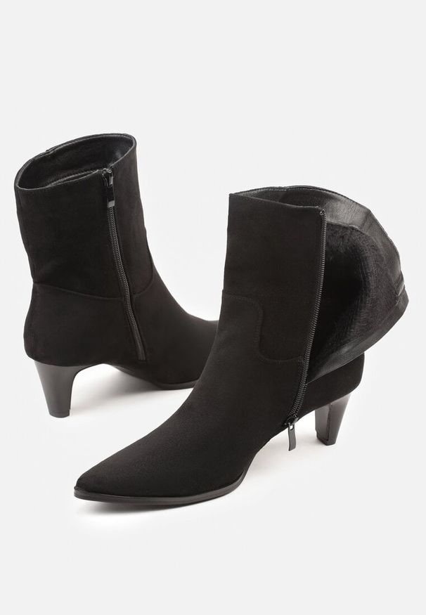 Renee - Czarne Botki na Stożku z Imitacji Zamszu Avinella. Okazja: na co dzień. Kolor: czarny. Materiał: zamsz. Obcas: na stożku. Styl: casual. Wysokość obcasa: średni