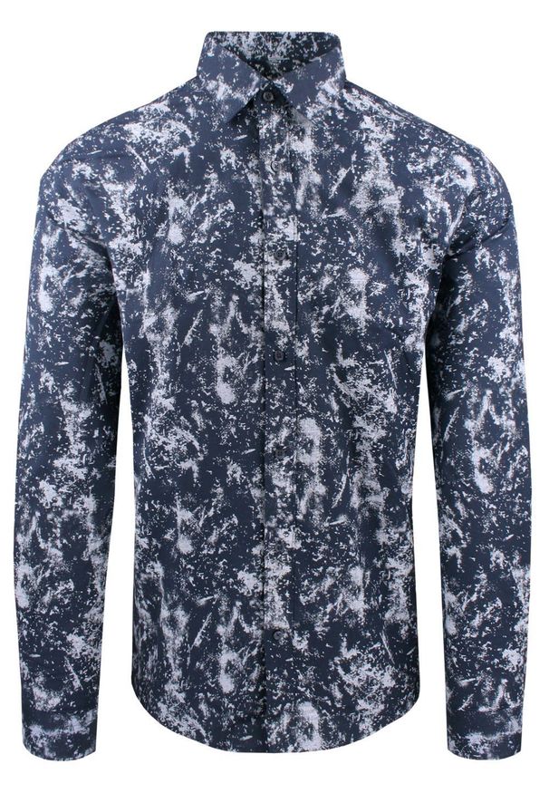 Męska Koszula, Długi Rękaw, Prosty Krój - Rigon - Granat. Kolor: niebieski. Materiał: elastan, bawełna. Długość rękawa: długi rękaw. Długość: długie. Styl: klasyczny, wizytowy