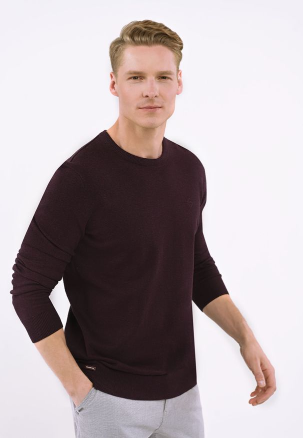 Volcano - Lekki sweter S-RADO. Kolekcja: plus size. Kolor: fioletowy. Materiał: skóra, dzianina, materiał, bawełna, włókno. Wzór: gładki, ze splotem, haft. Styl: klasyczny