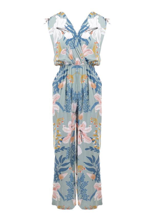 Born2be - Miętowy Kombinezon Fobly. Kolor: miętowy. Długość rękawa: bez rękawów. Długość: długie. Wzór: kolorowy, kwiaty. Styl: elegancki