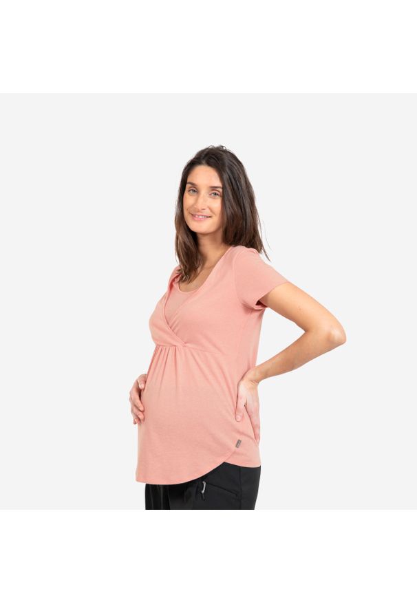 quechua - Koszulka turystyczna damska Quechua Maternite. Kolekcja: moda ciążowa. Kolor: różowy. Materiał: lyocell, żakard, bawełna, poliester, materiał. Wzór: ze splotem