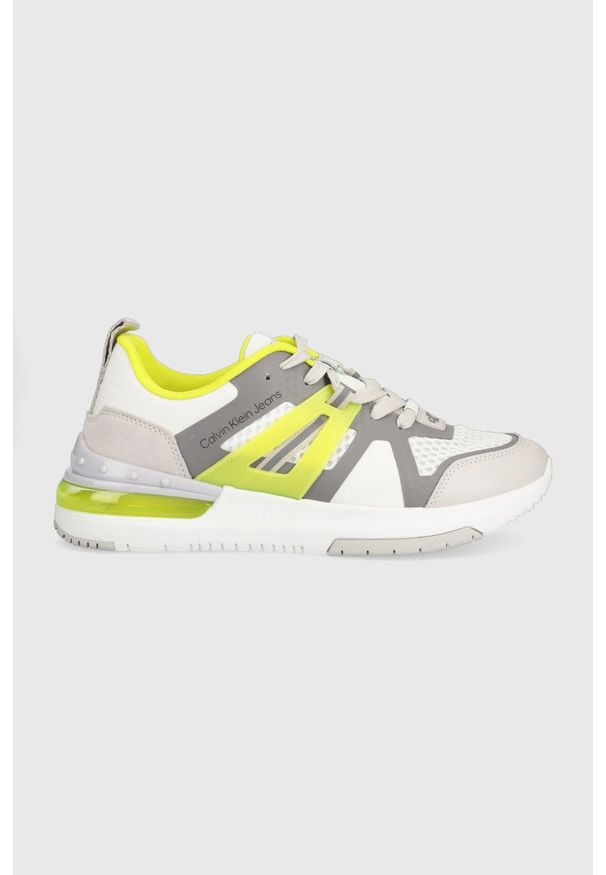 Calvin Klein Jeans sneakersy kolor szary. Nosek buta: okrągły. Zapięcie: sznurówki. Kolor: szary. Materiał: skóra, poliester, guma