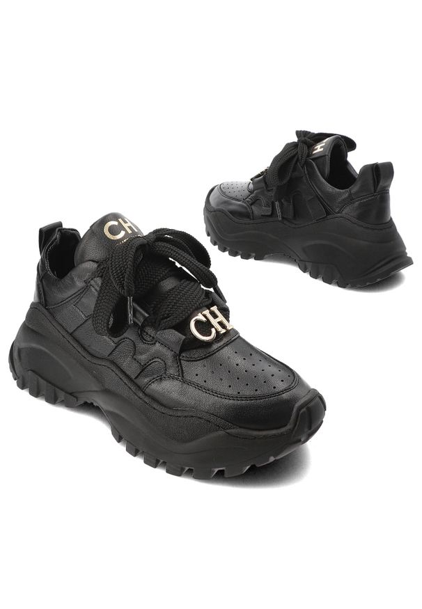 CheBello - Czarne Sneakersy Chebello Stylowe Buty Damskie Ze Skóry Naturalnej. Okazja: na co dzień. Kolor: czarny. Materiał: skóra. Styl: elegancki