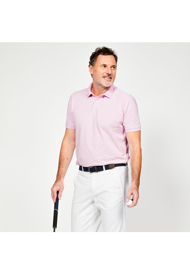 INESIS - Koszulka polo do golfa z krótkim rękawem męska Inesis MW500. Typ kołnierza: golf, polo. Kolor: różowy. Materiał: bawełna, materiał, poliester. Długość rękawa: krótki rękaw. Długość: krótkie. Wzór: ze splotem. Styl: klasyczny