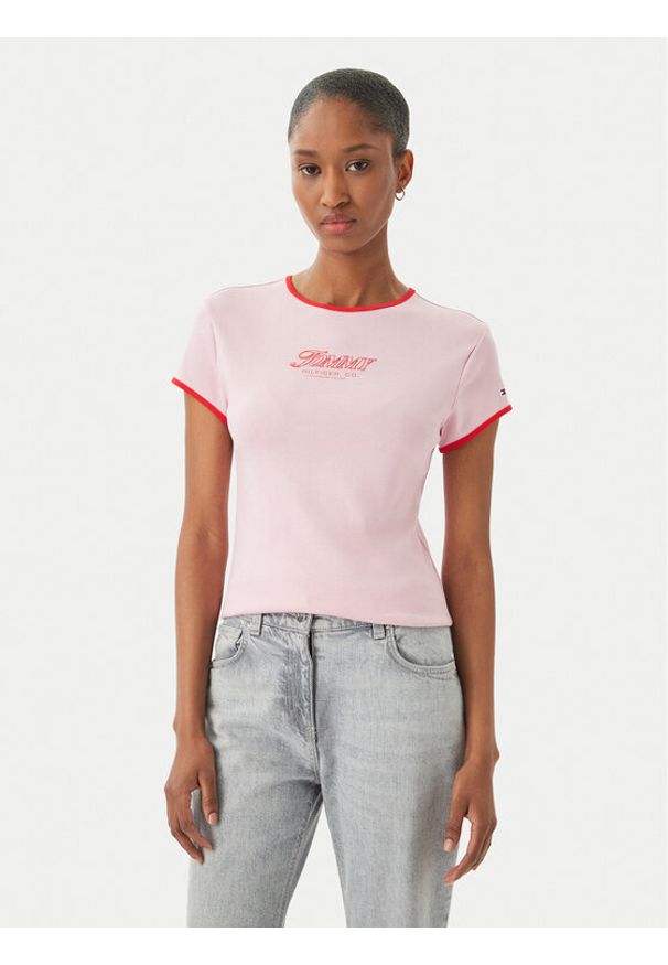 TOMMY HILFIGER - Tommy Hilfiger T-Shirt Logo Graphic Ringer WW0WW49245 Różowy jasny Slim Fit. Kolor: różowy. Materiał: bawełna